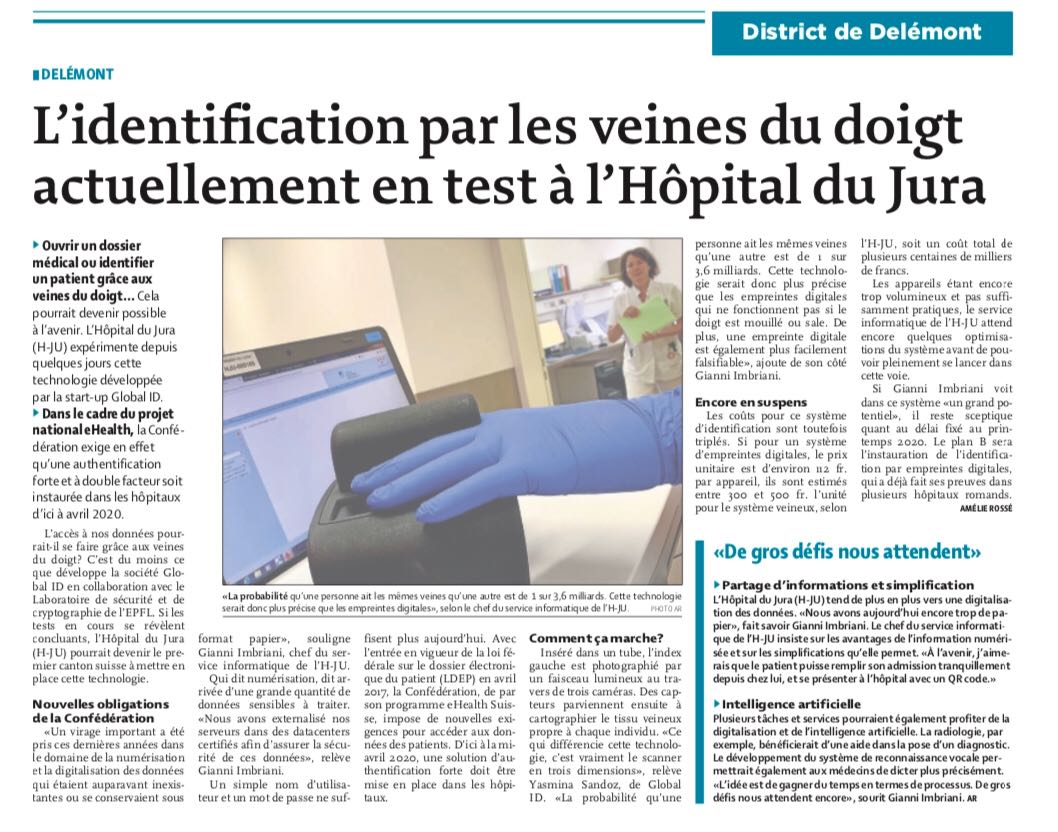 You are currently viewing Article « L’identification par les veines du doigt actuellement en test à l’Hôpital du Jura »